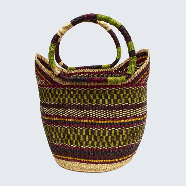 Ghanaian Large Bolga Shopping Basket With Leather Handles Green And Plum