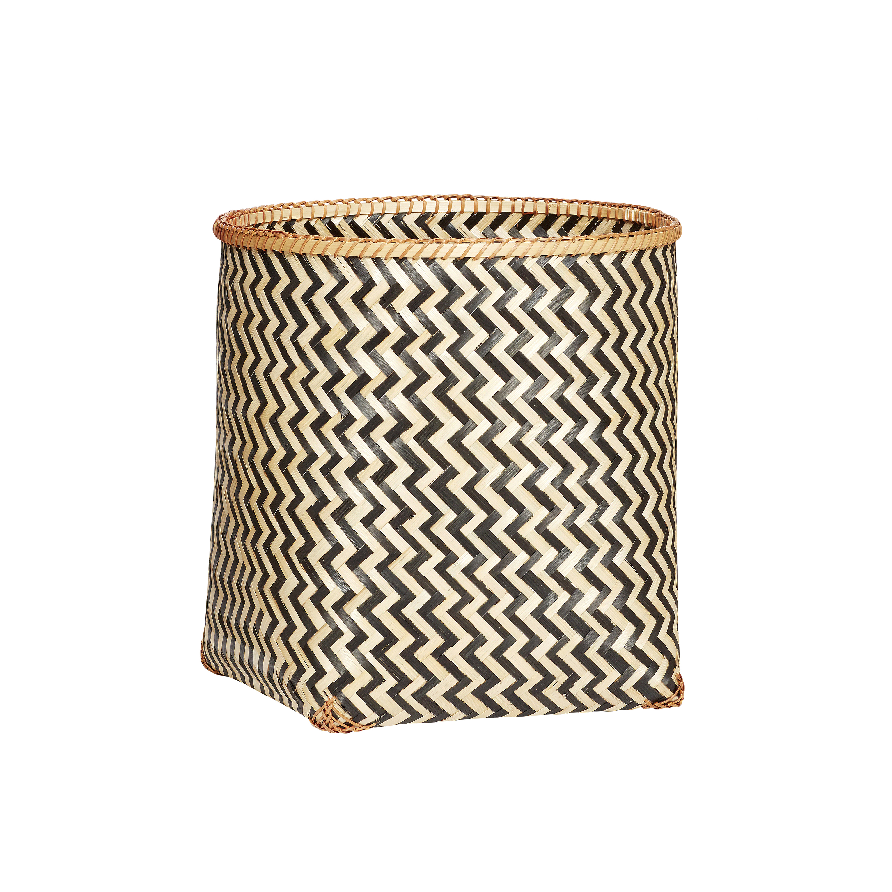 Hubsch Round Bamboo Basket with Black Zig Zag Pattern in Medium