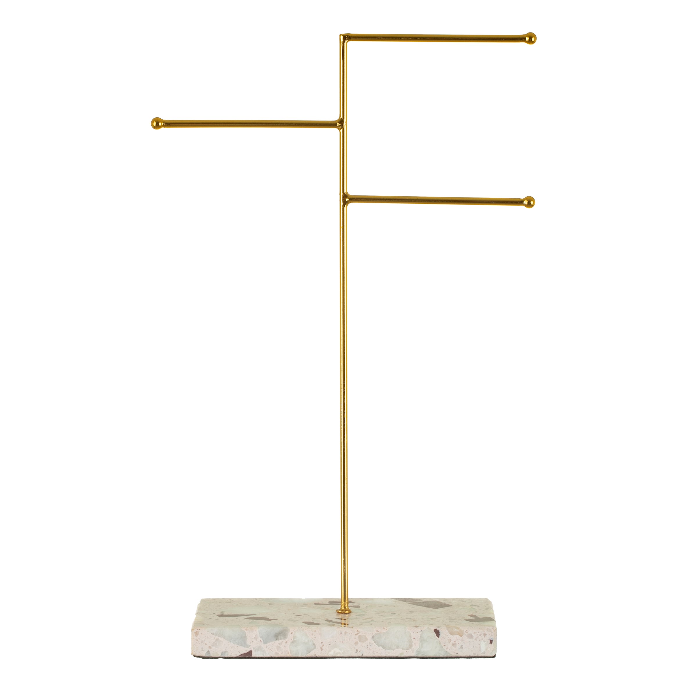 Soporte para joyas triple dorado con base de terrazo de sass and belle con  tres ramas.