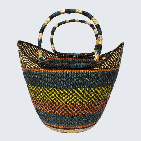 Ghanaian Large Bolga Shopping Basket With Leather Handles Mango