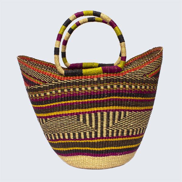 Plum and Orange Ghanaian Large Bolga Shopping Basket With Leather Handles