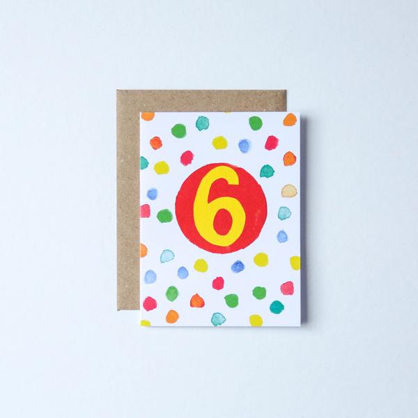 Age 6 Watercolour Spots Birthday Card