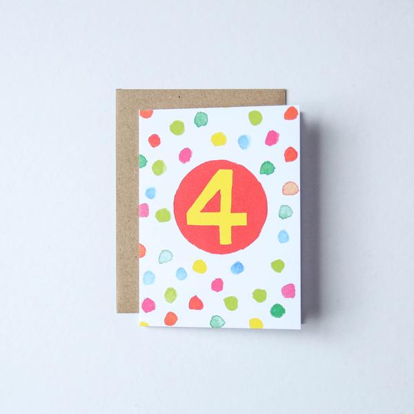 Age 4 Watercolour Spots Birthday Card