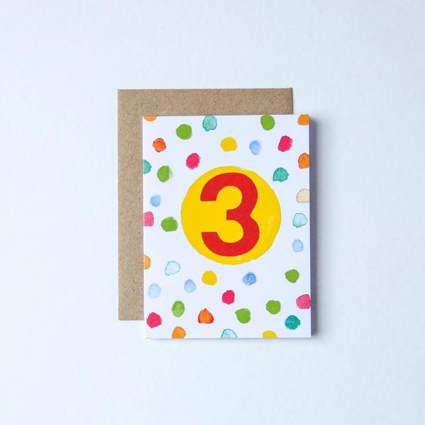 Age 3 Watercolour Spots Birthday Card