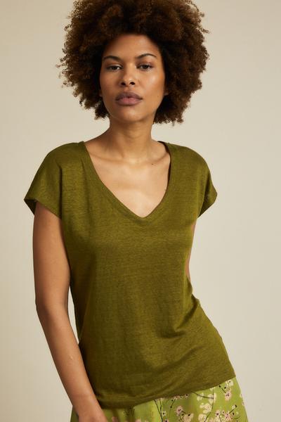 Lanius Linen V Neck Olive Green Shirt