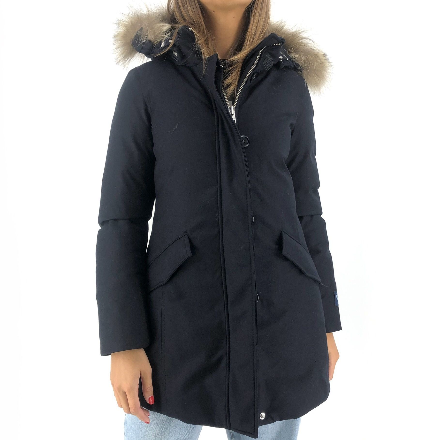 Womens Jackets Woolrich Jackets Woolrich Fur Giacca Luxury Arctic Raccoon Donna Melton Blue in Black 