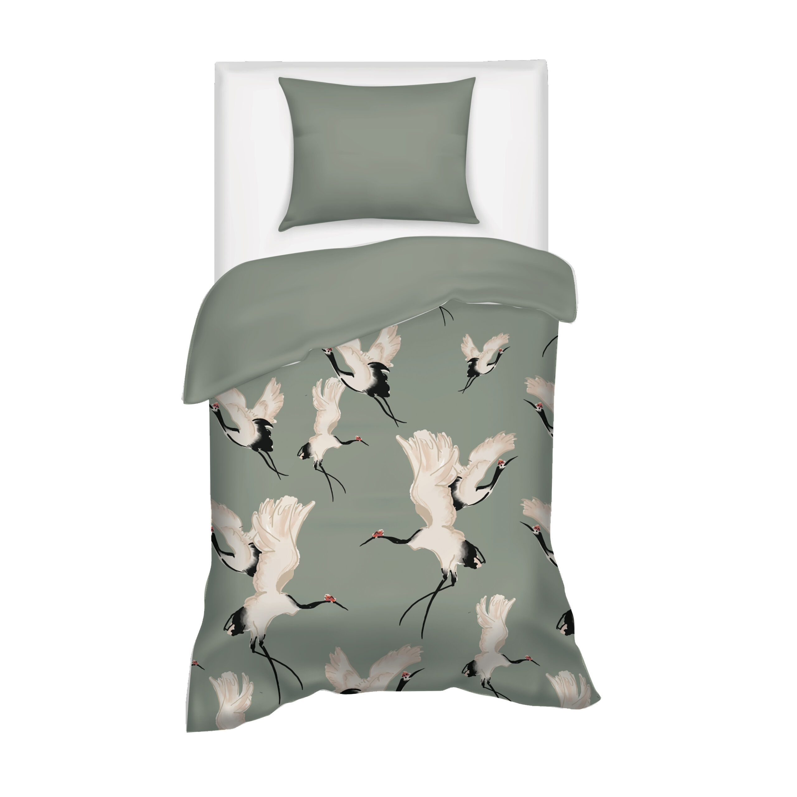 Villa Madelief 120 x 150cm Green White Cranes Printed Juniors Duvet Cover with 1 Pillowcase