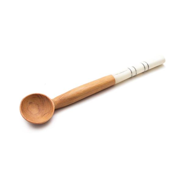 Olive Wood Sugar Spoon With White Batik Handle 'Stripes&#x27