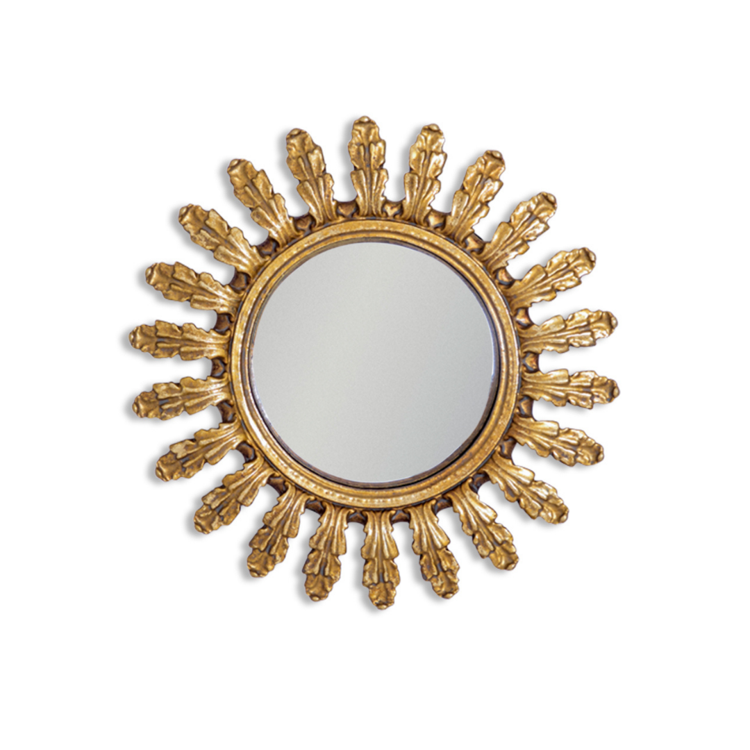 &Quirky Antique Gold Feathered Ornate Framed Small Convex Mirror