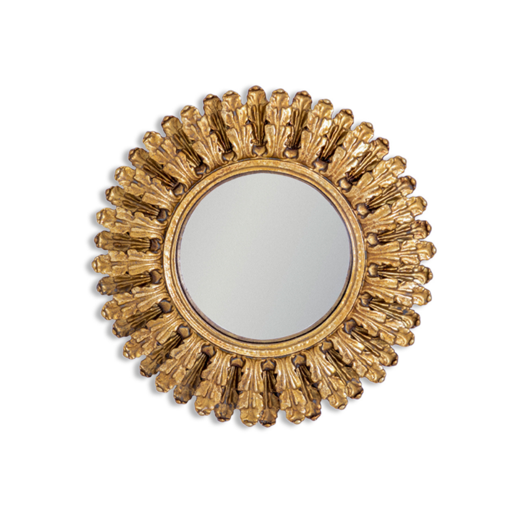 &Quirky Antique Gold Double Feathered Ornate Framed Small Convex Mirror