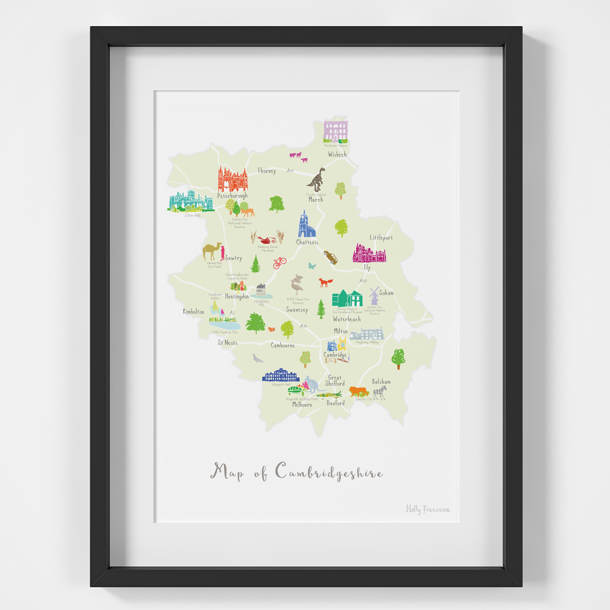 Holly Francesca Map of Cambridgeshire A4 Print