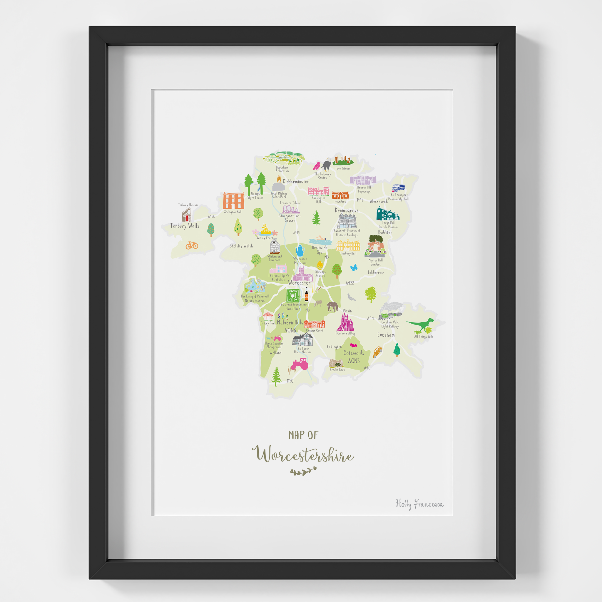 Holly Francesca Map of Worcestershire A4 Print