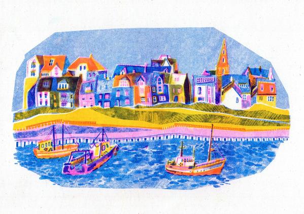 Rebecca Sheerin Colourful Scottish Harbour Risograph Print