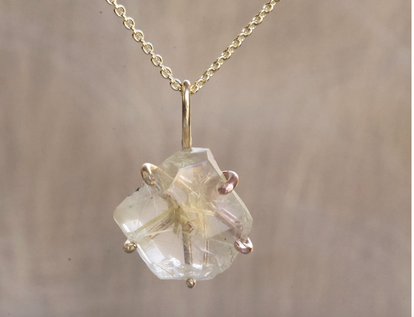 Rutilated Quartz Small Stone Pendant With Yellow Gold Chain