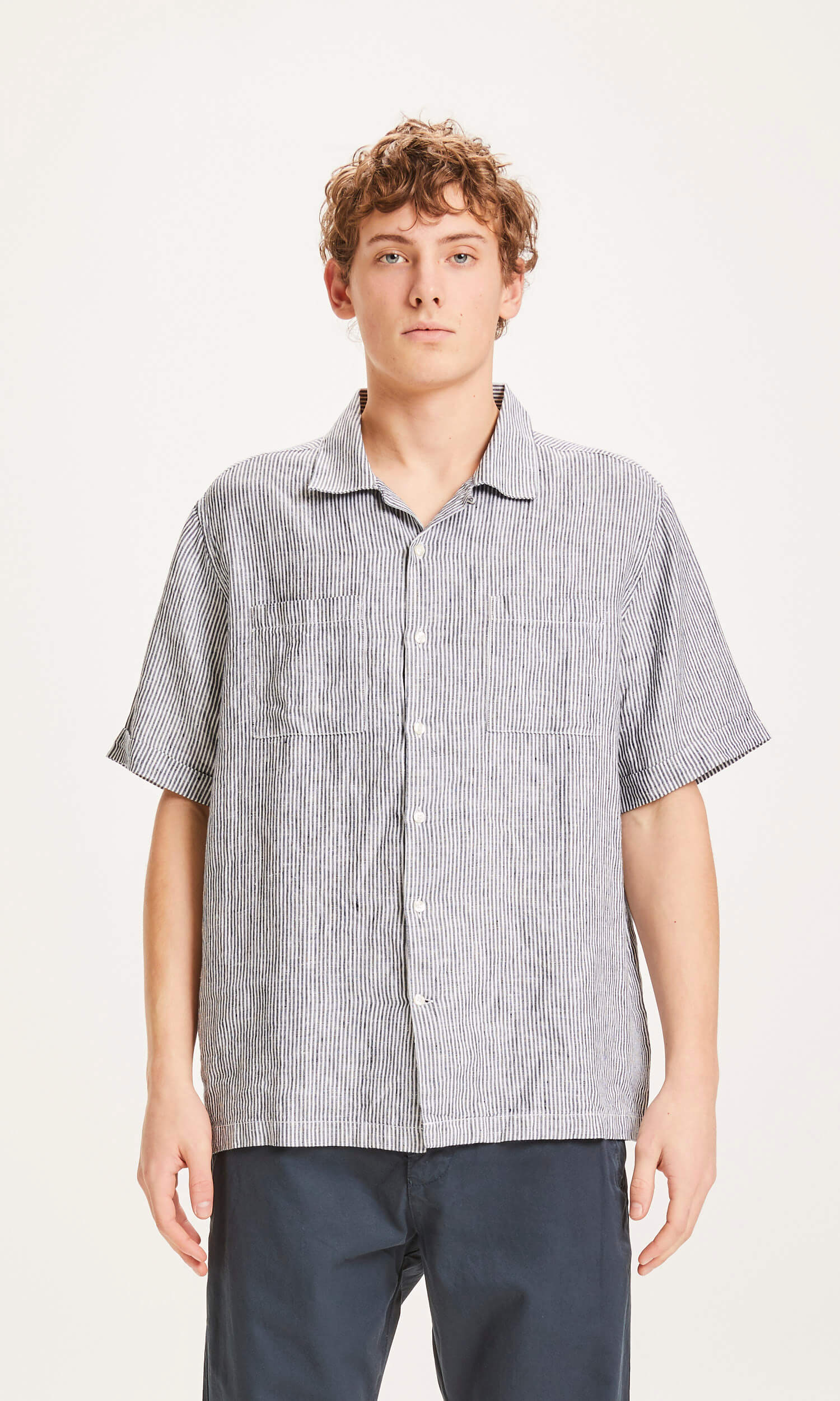 Knowledge Cotton Apparel  Wave SS Striped Shirt - Total Eclipse