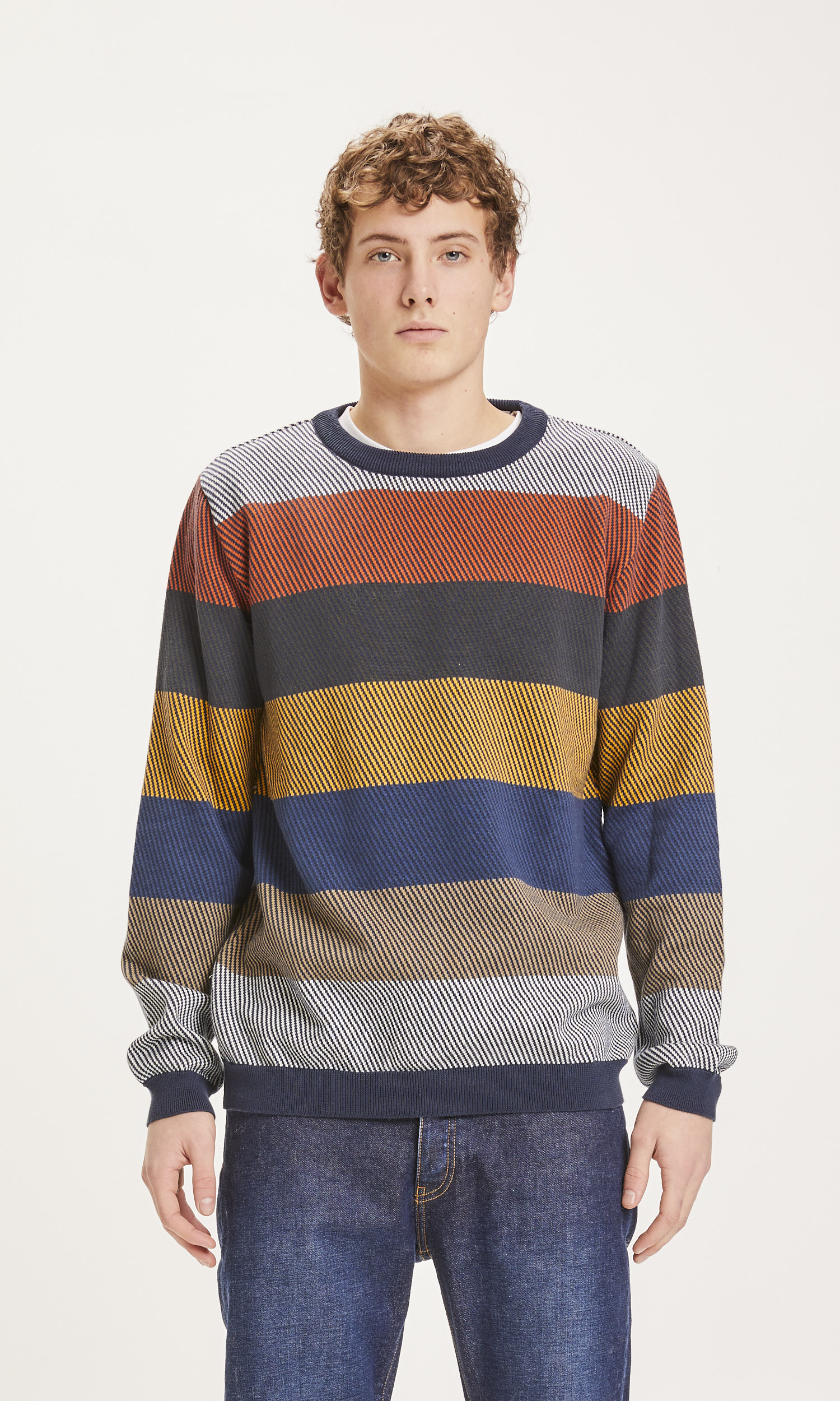 Knowledge Cotton Apparel  Field O-Neck Two Toned Diagonal Knit