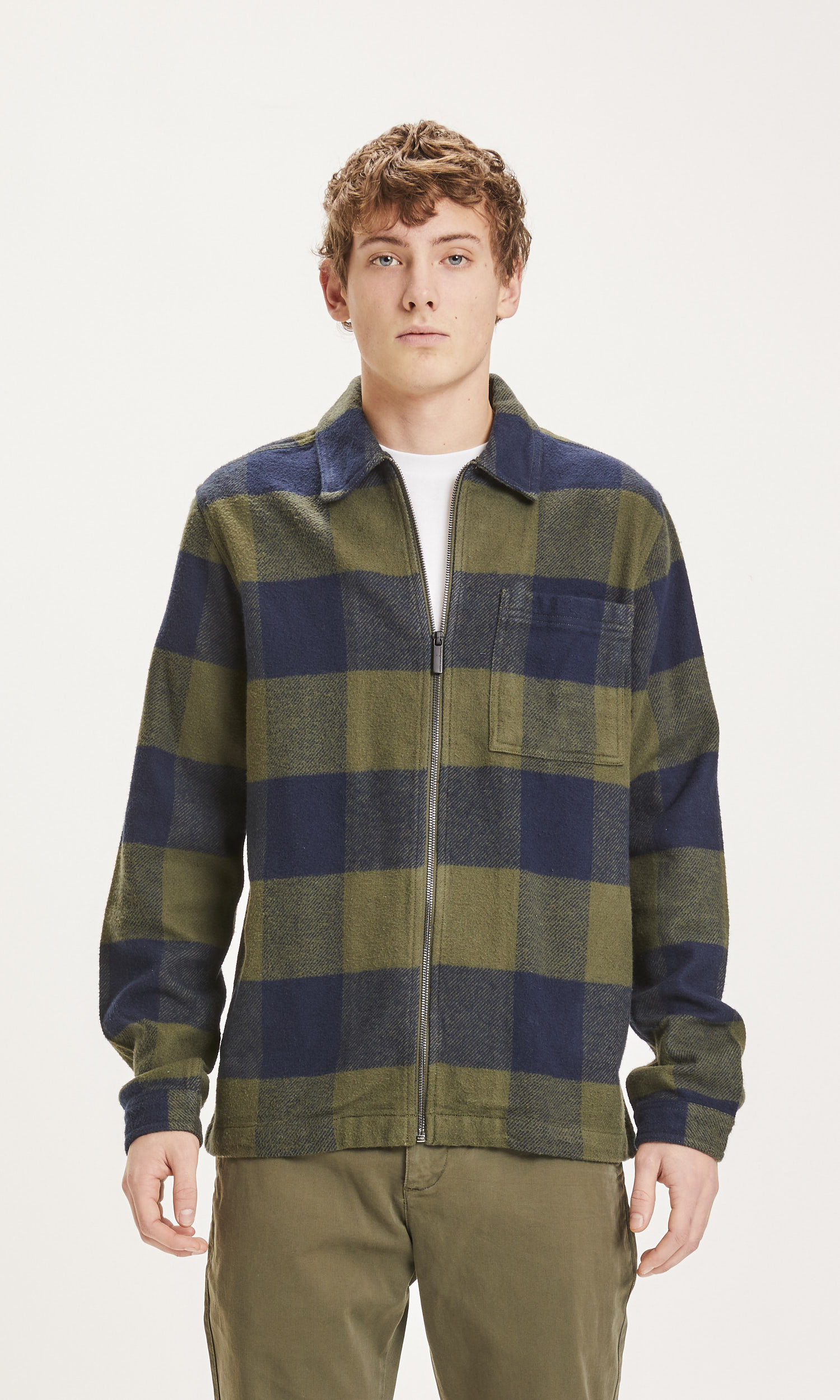 Knowledge Cotton Apparel  Pine Checked Heavy Flannel Overshirt Forrest Night
