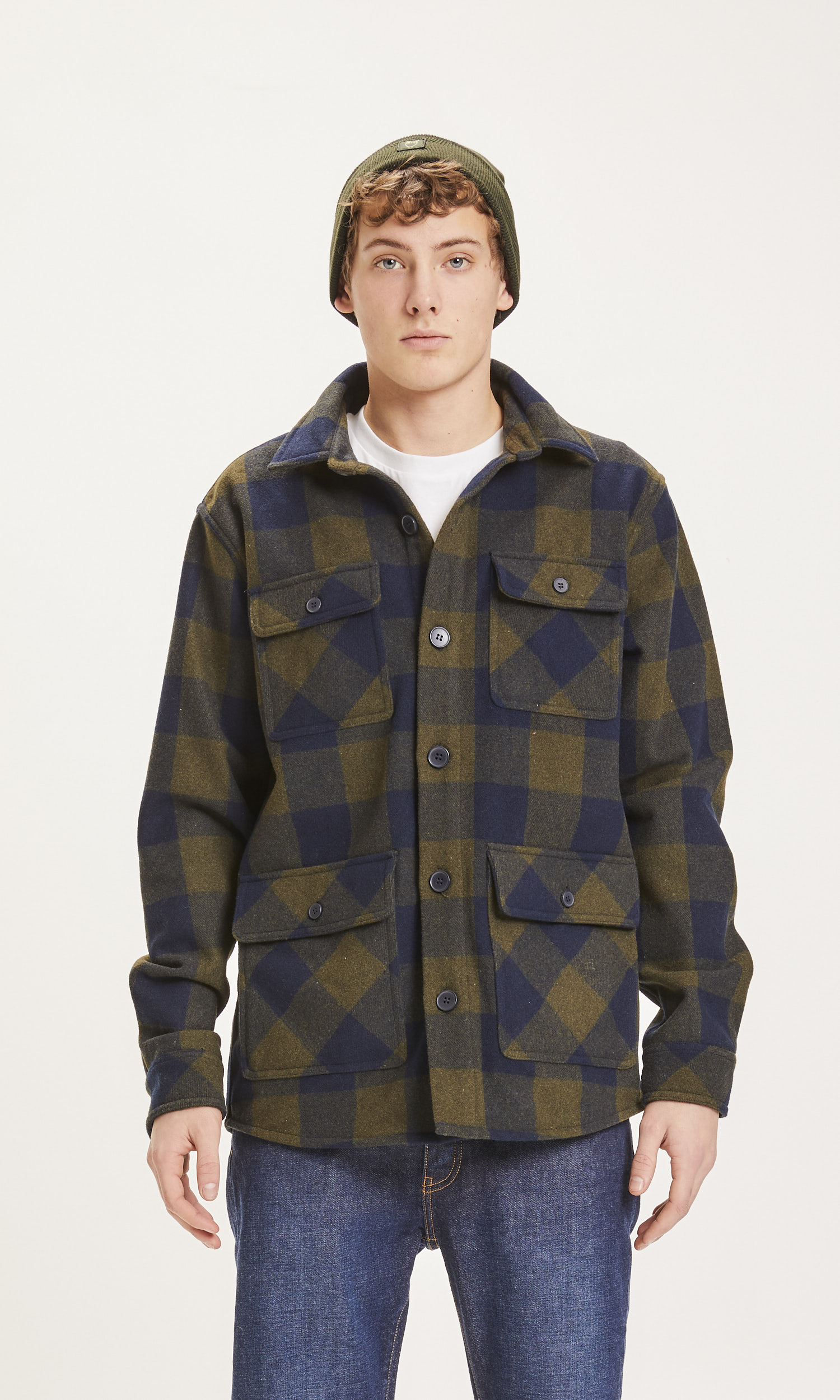 Knowledge Cotton Apparel  Pine Checked Flannel Overshirt Forrest Night