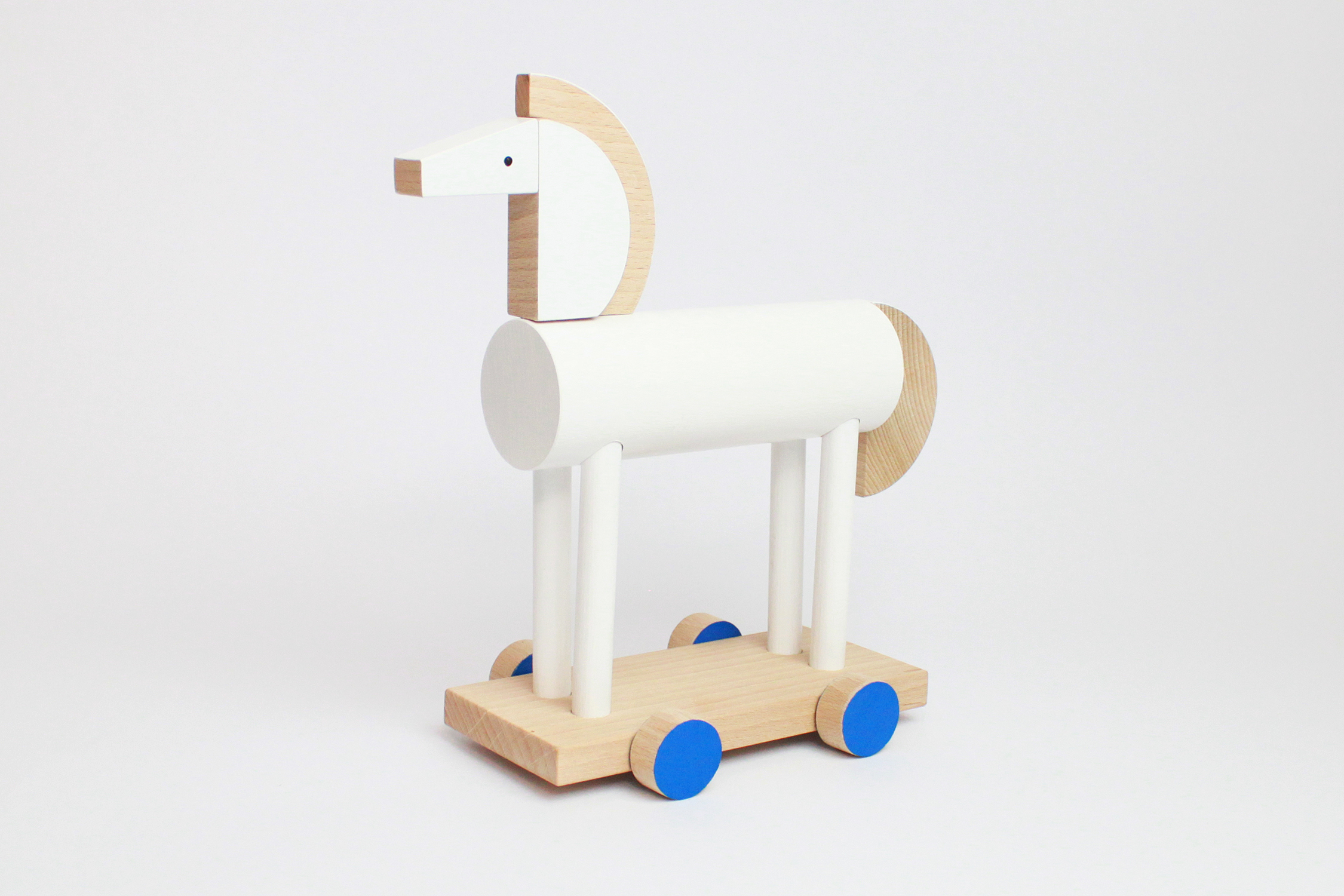 Mini Wooden Riding Horse Toy in White & Blue Wheels