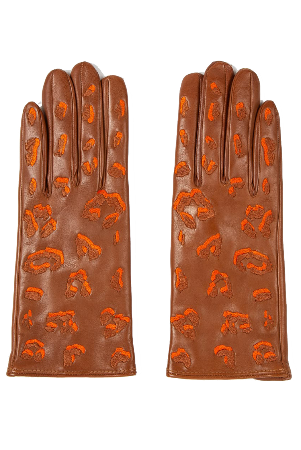 Leather Gloves with Leopard Pattern Detailing Camel