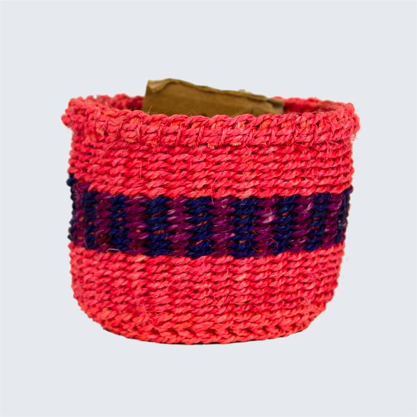 Kenyan Sisal Basket Grace Bright Pink With Blue Purple Stripe No 164