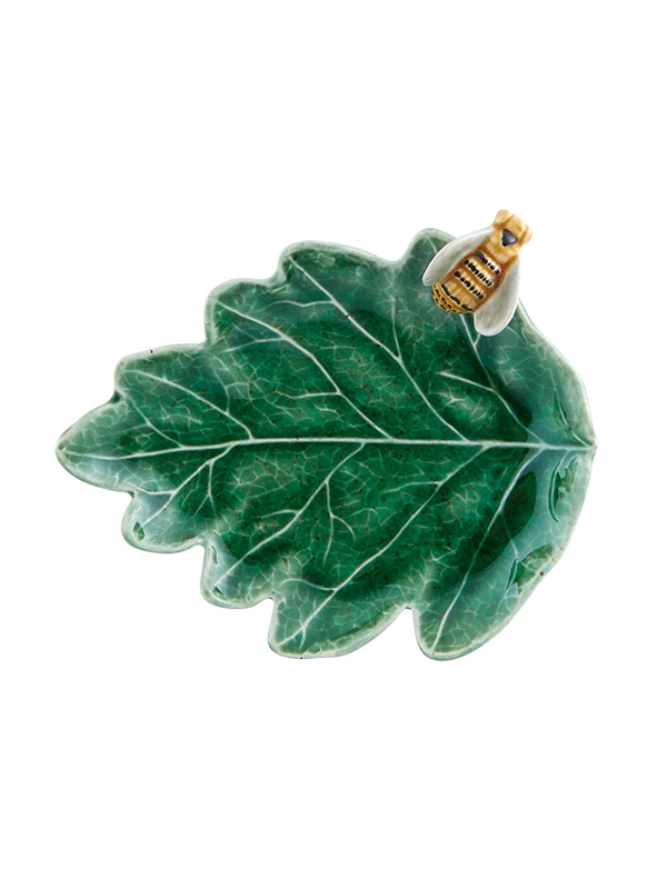 Bordallo Pinheiro Green Ceramic Oak Glazed Tree Leaf with Bee