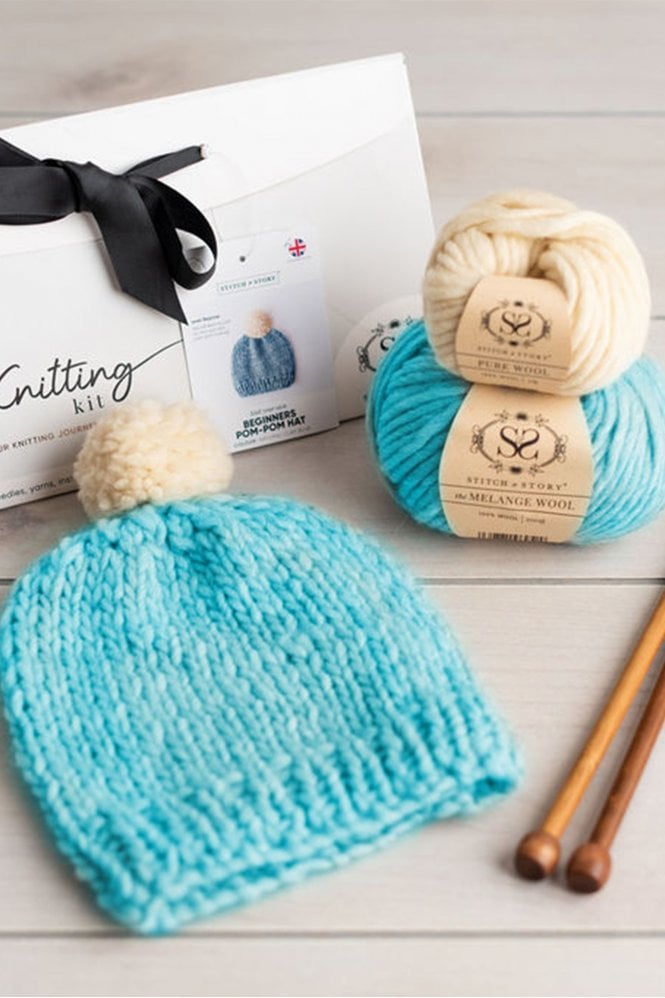 Stitch Story Natural Clay Blue Beginners Pompom Hat Craft Kit