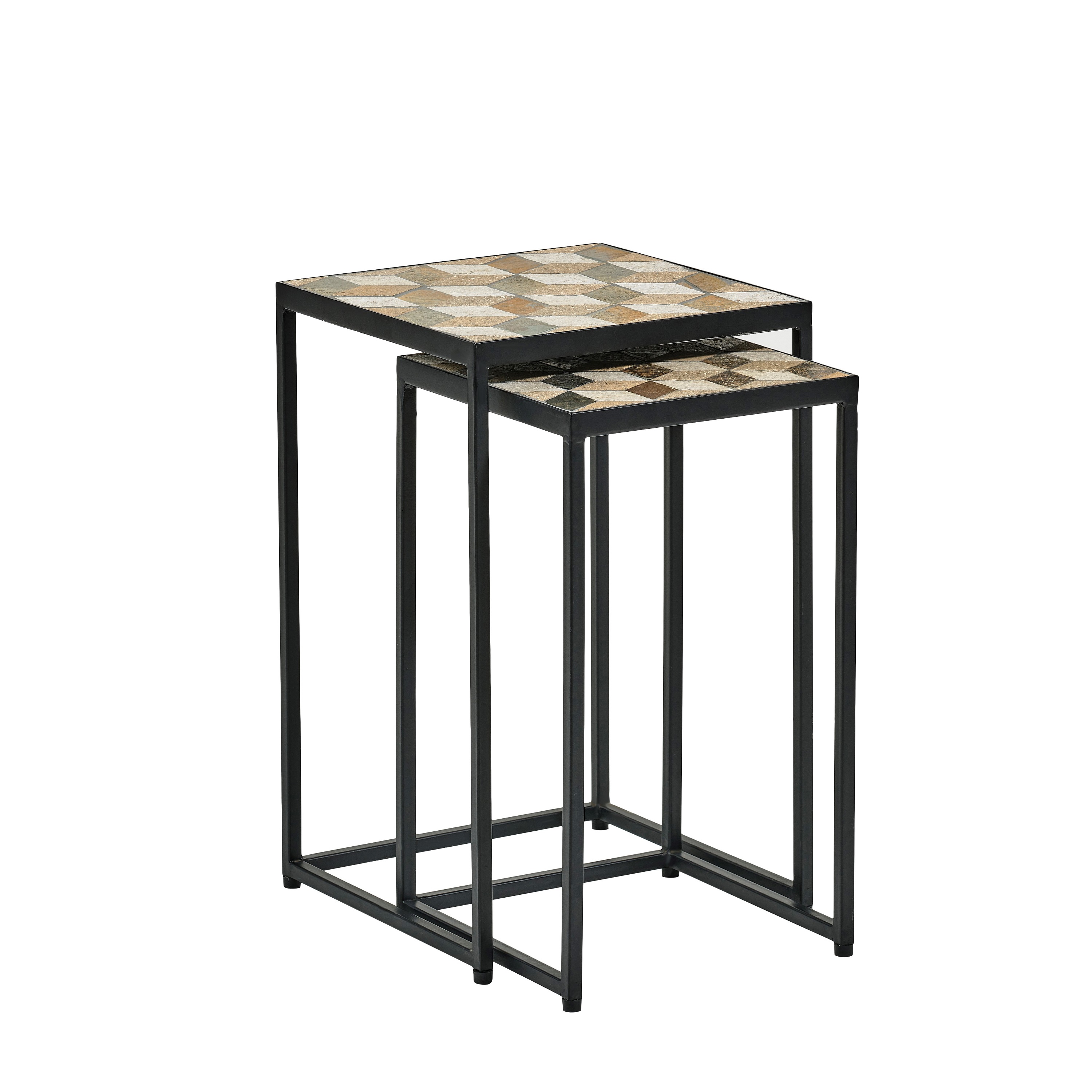 Villa Collection Nest of 2 Black Iron Side Tables with Stone Insert Tops