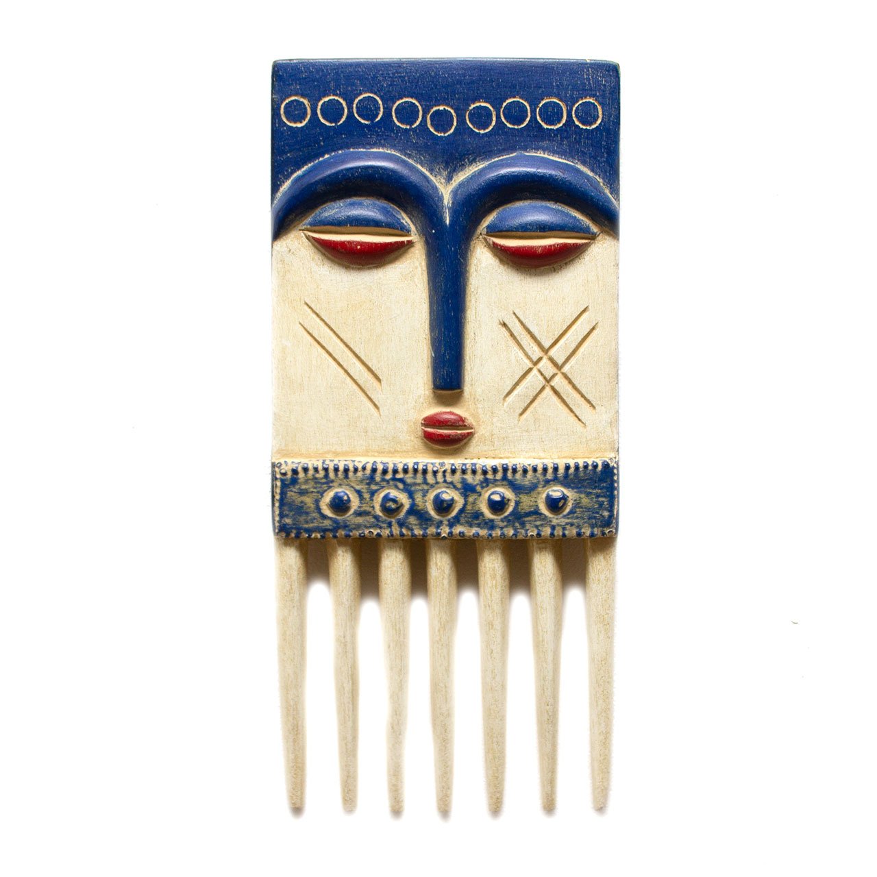 Blue White And Red Ghanaian Hand Carved Wooden Comb Mask