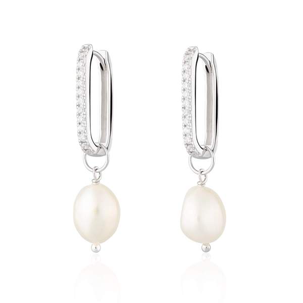 Scream Pretty  Pearls Silver Hannah Martin Sparkle Oval Hoop Earrings with Baroque