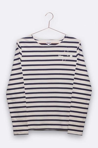 LOVE kidswear Timmy Longsleeve In Navy White Striped Organic Cotton Jersey With Bird Embroidery For Women