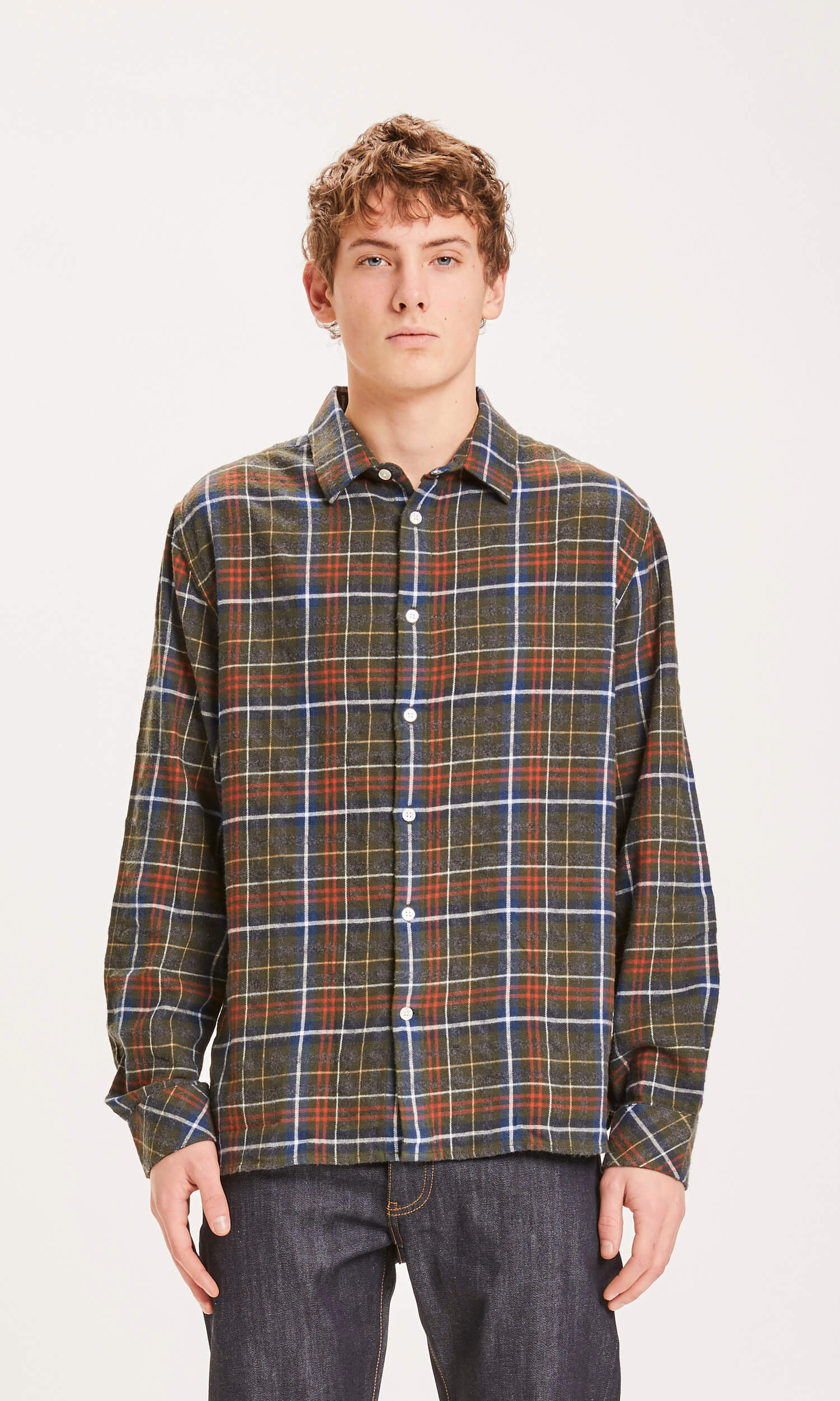 Knowledge Cotton Apparel  90898 Larch Regular Fit Small Checked Flannel Shirt Forrest Night