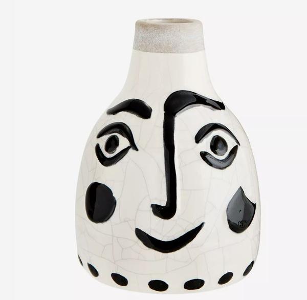 Madam Stoltz White and Black Stoneware Vase with Face