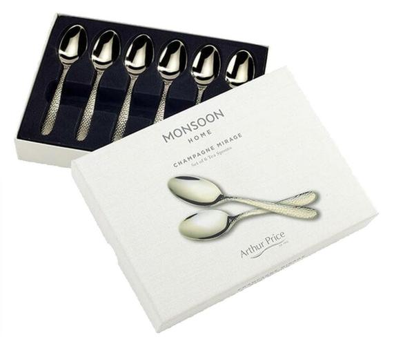 Arthur Price Monsoon Champagne Mirage Box Of 6 Tea Spoons - Hammer Finish