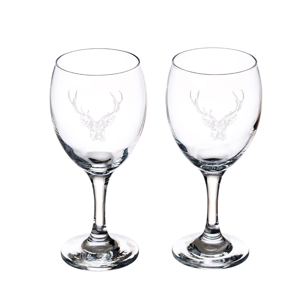 Set of 2 Stag Engraved Wine and Water Glasses