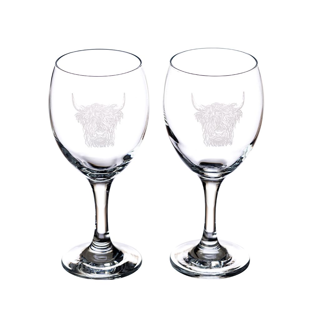 The Just Slate Company Set of 2 Highland Cow Engraved Wine and Water Glasses