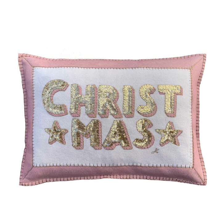 Jan Constantine Sequin Christmas Cushion - Cream/Pink/Gold
