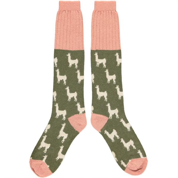 Ladies Lambswool Llama Knee Socks Khaki Pink