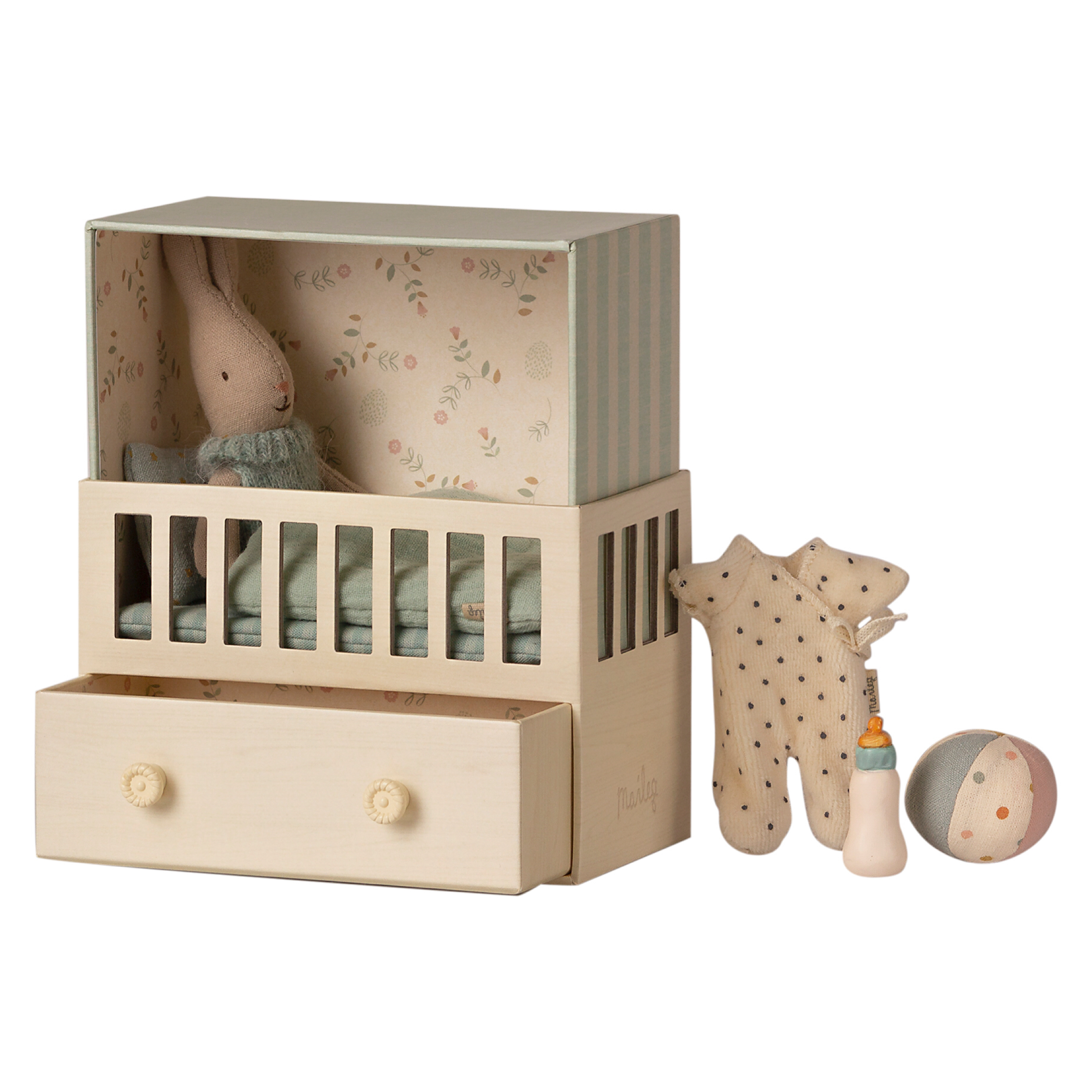 Maileg Baby Room  Set with Micro Rabbit - Mint Blue 