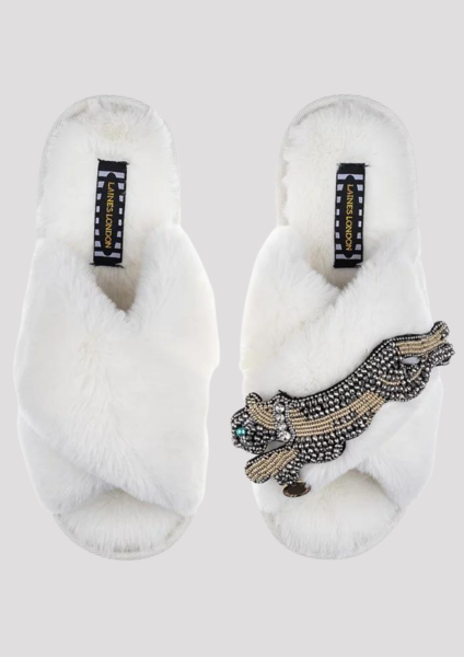 Fur Slipper With Gold Jaguar Cream