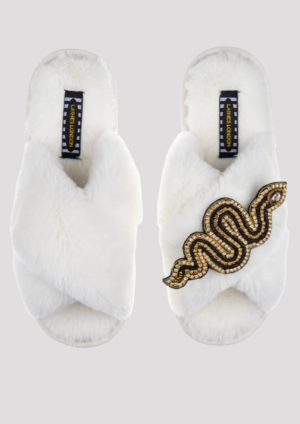 Fur Slipper With Snake Brooch Cream