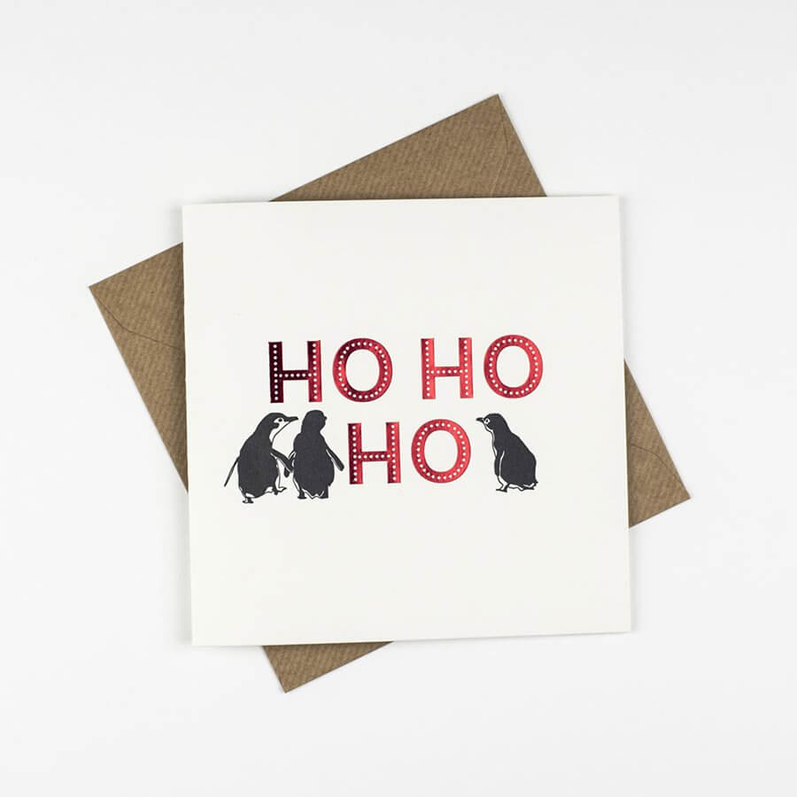 Penguin Ink Ho Ho Ho Red Foil Christmas Card
