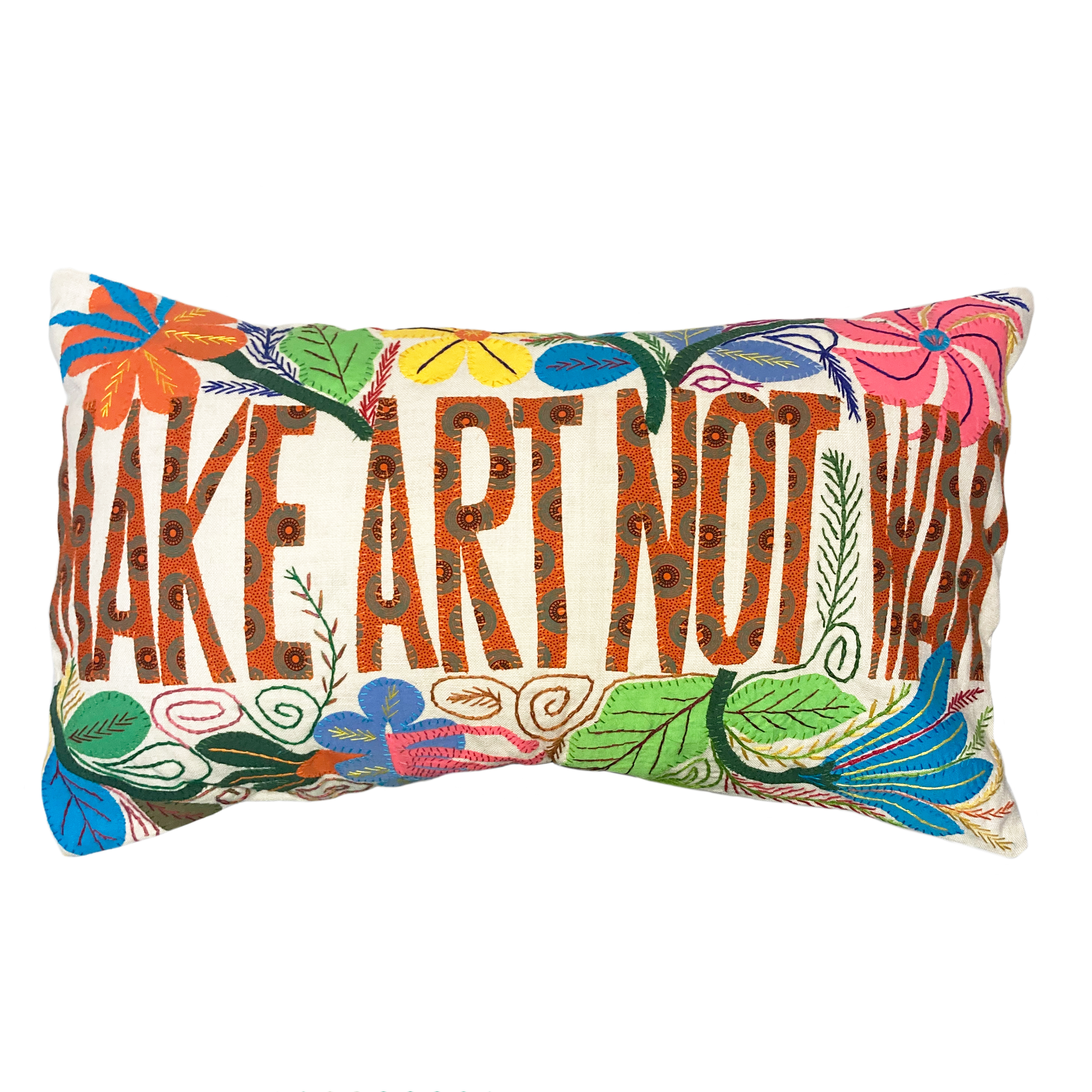 Mahatsara 'Make Art Not War' Hand Embroidered Message Cushion