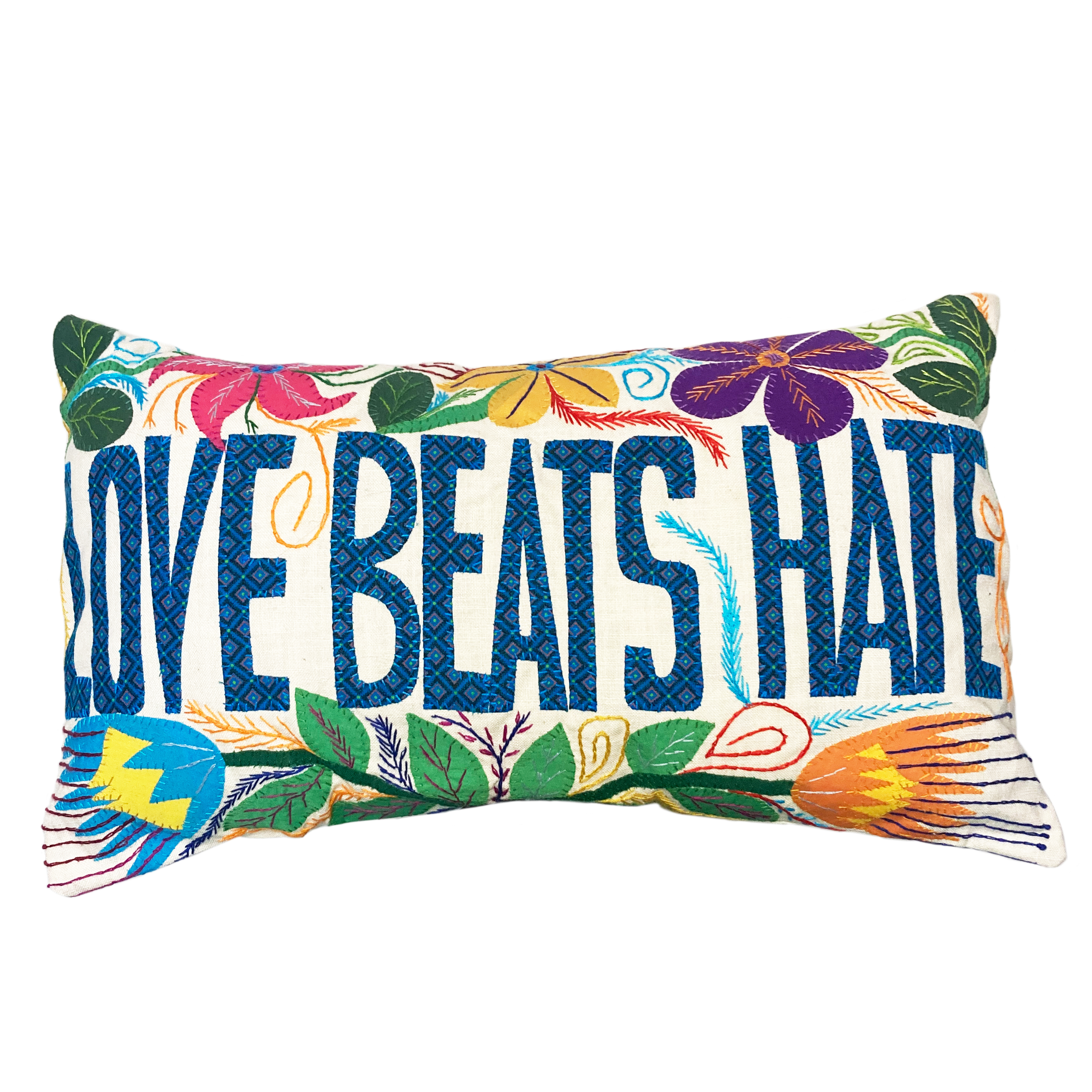 Mahatsara 'Love Beats Hate' Hand Embroidered Message Cushion