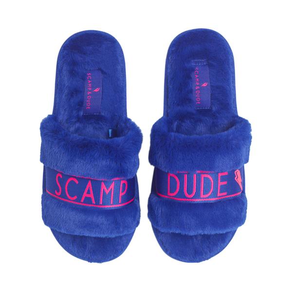 Faux Fur Slider Slippers In Electric Blue