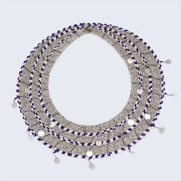 Silver Navy and White Beaded Maasai Collar