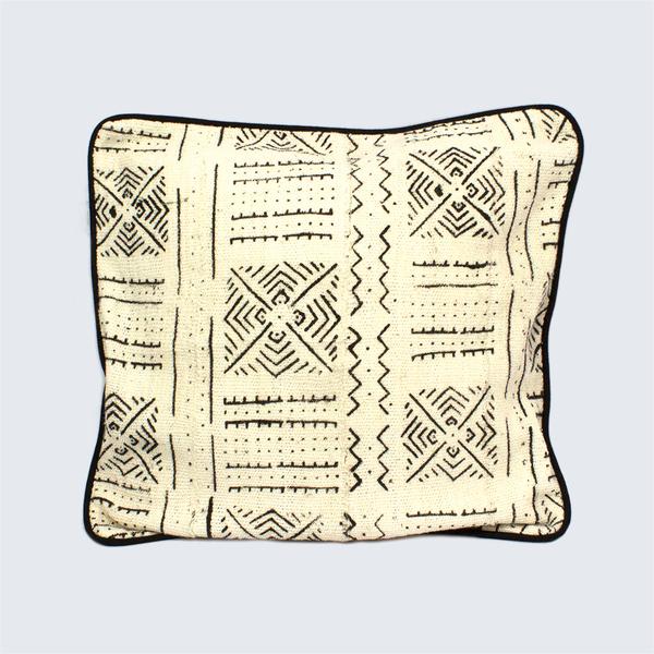 White and Black Pattern Mud Cloth Piped Cushion Cover