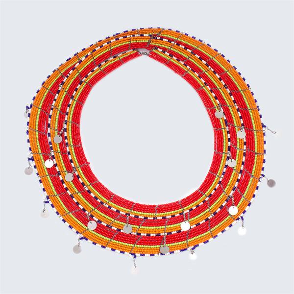 Orange Red and Green Beaded Maasai Collar