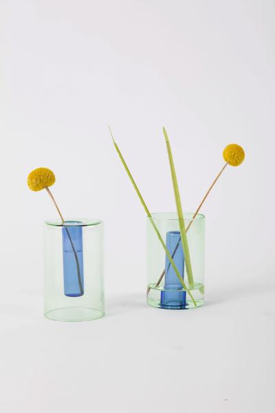 Block Design Small Reversible Glass Vase Green Blue