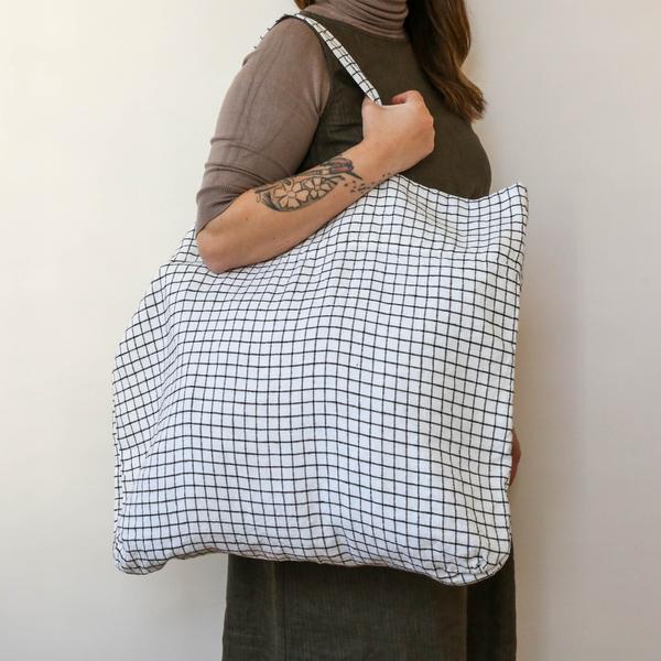 Washed Linen Shoulder Bag Grid